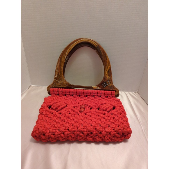 Vintage Red handmade macrame purse unlined has monogram but can be removed - Picture 1 of 3